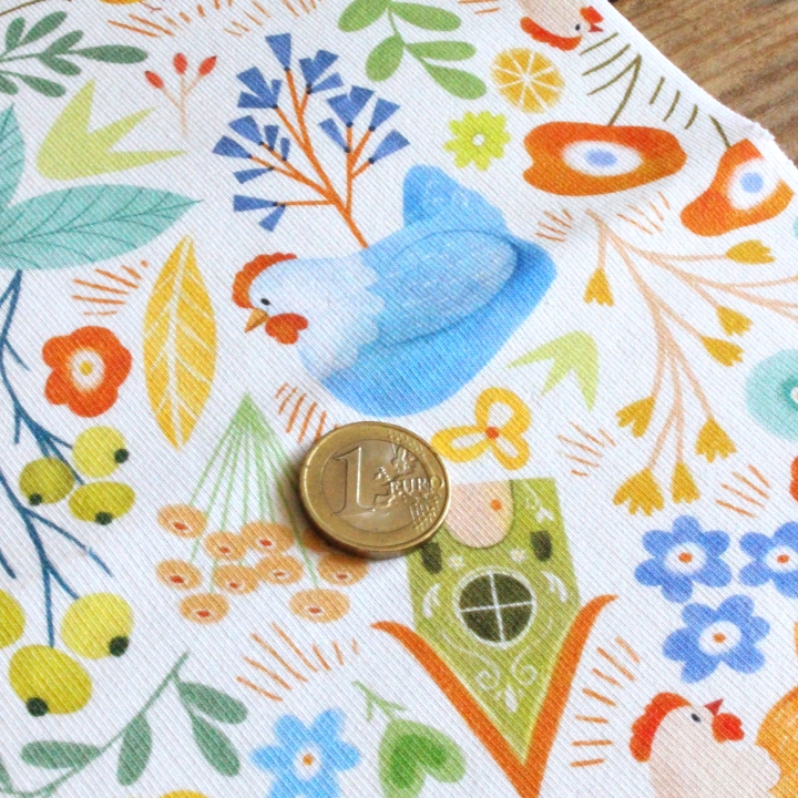 Coupon de tissu illustré "Poules Printanières" 48x48 cm