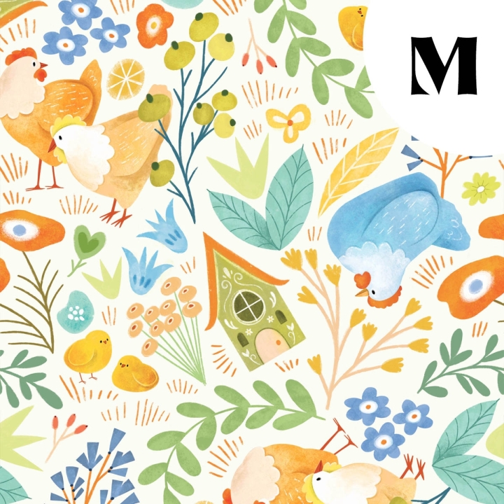 Tissu illustré "Poules printanières"