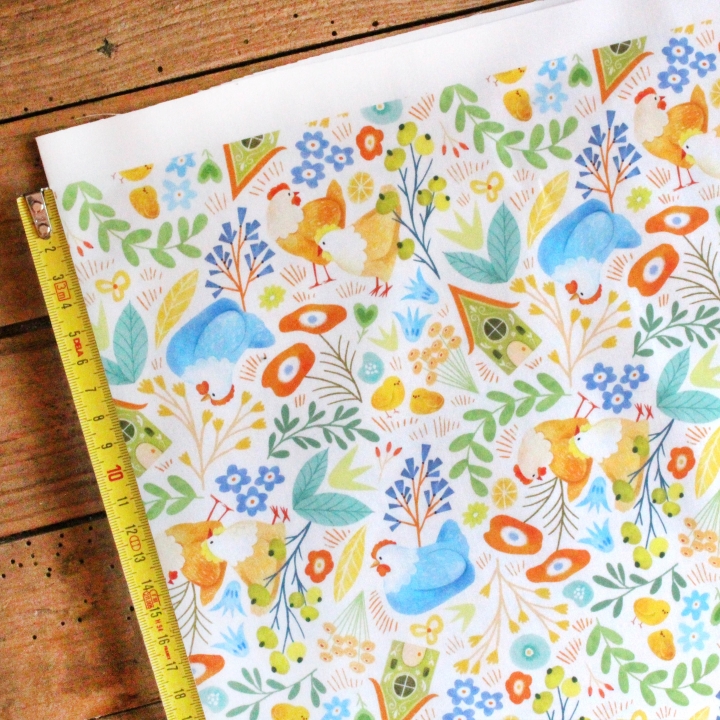 Tissu illustré "Poules printanières"