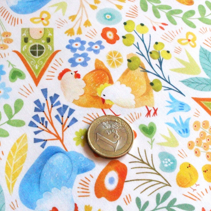 Tissu illustré "Poules printanières"