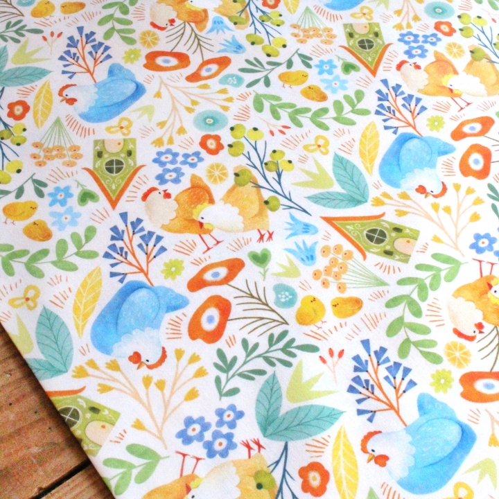 Tissu illustré "Poules printanières"
