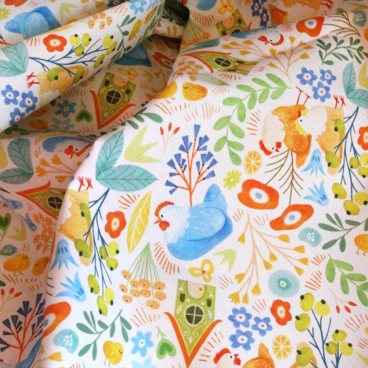 Tissu illustré "Poules printanières"