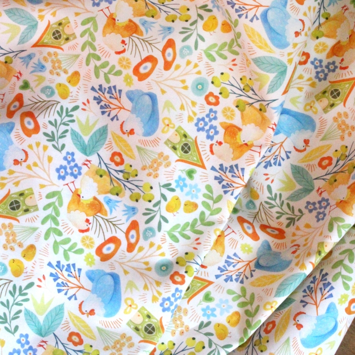 Tissu illustré "Poules printanières"