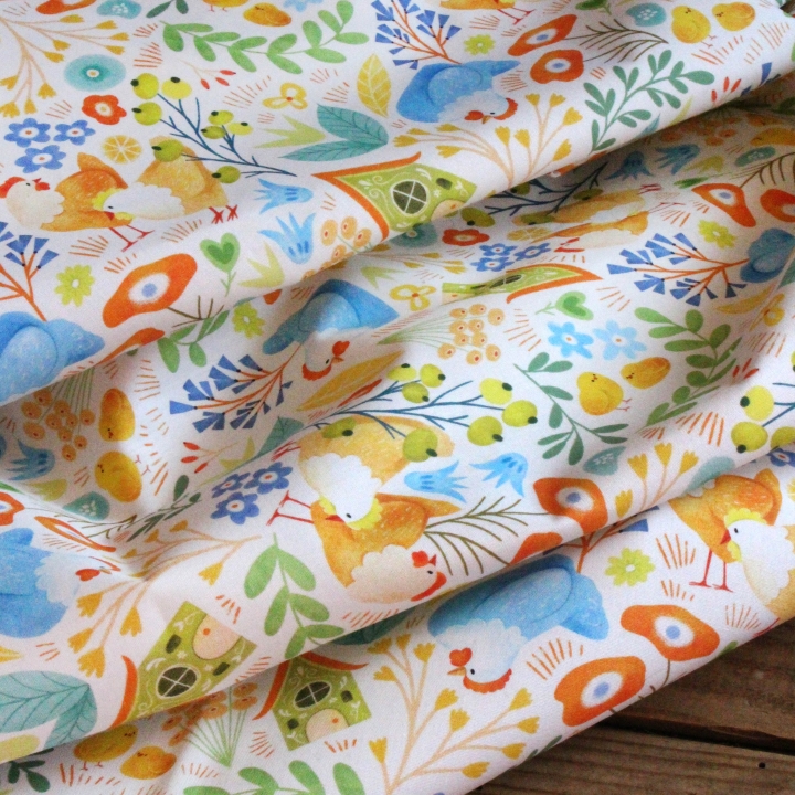 Tissu illustré "Poules printanières"