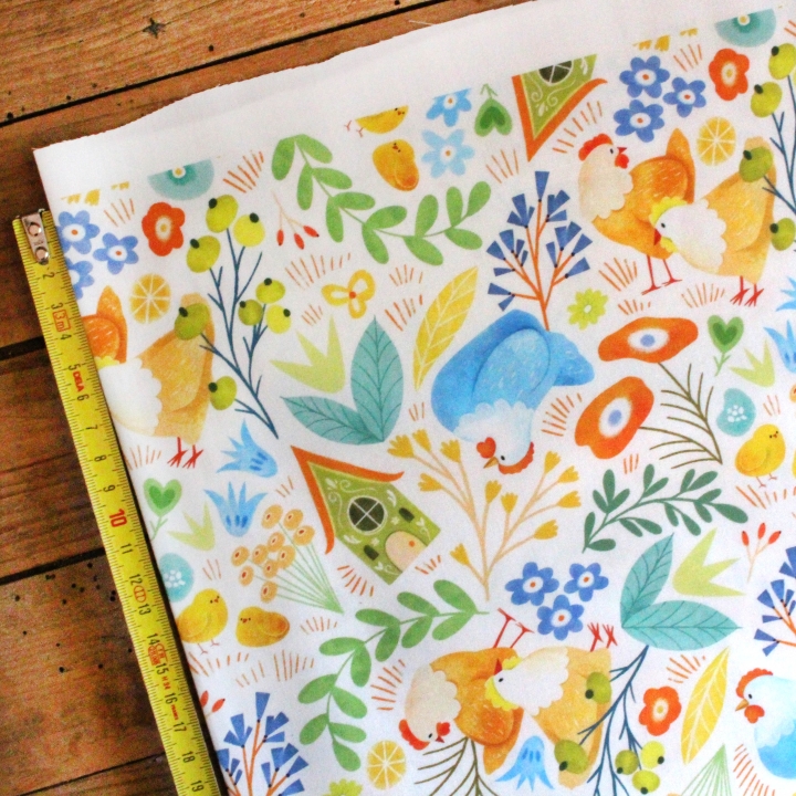 Tissu illustré "Poules printanières"