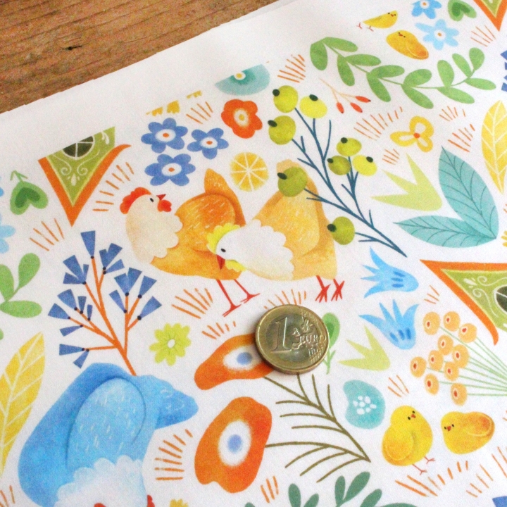 Tissu illustré "Poules printanières"