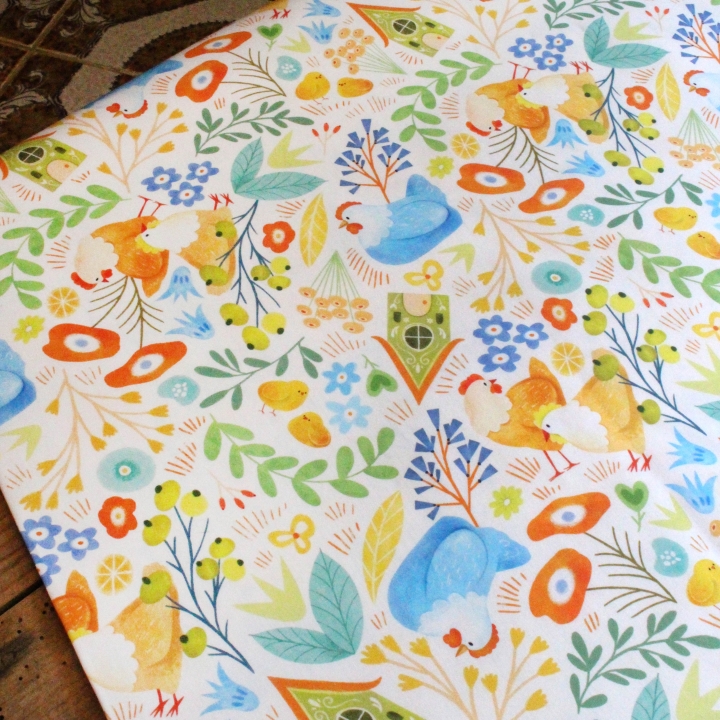 Tissu illustré "Poules printanières"