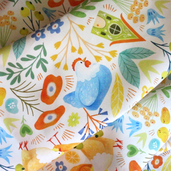 Tissu illustré "Poules printanières"