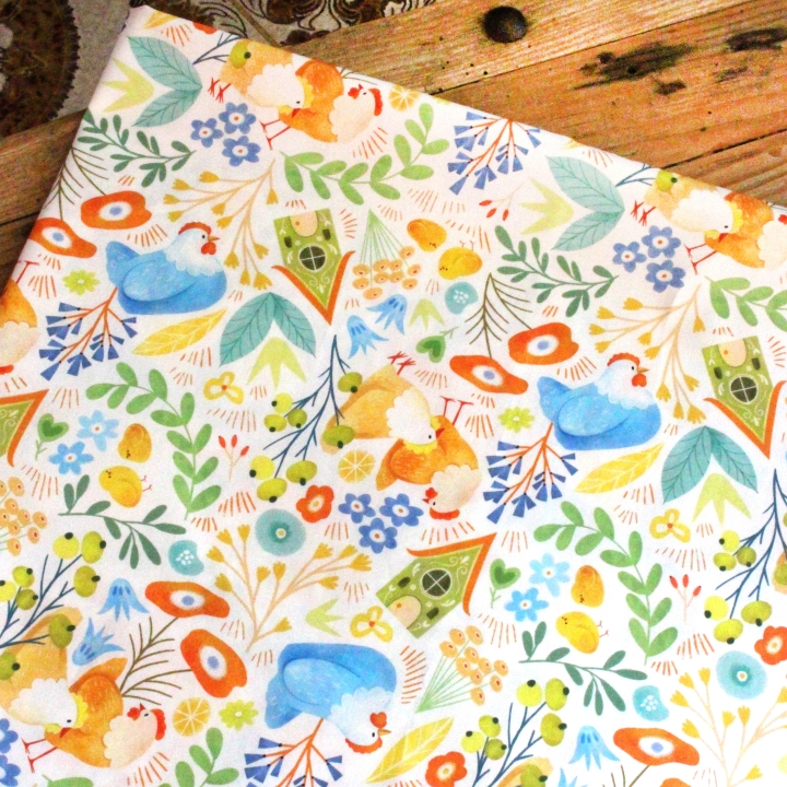 Tissu illustré "Poules printanières"