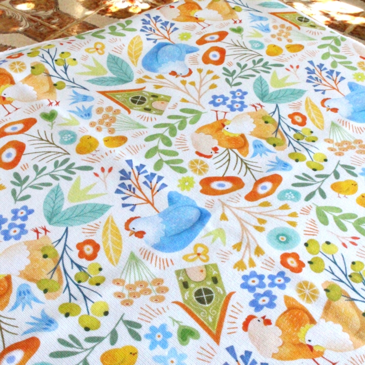 Tissu illustré "Poules printanières"