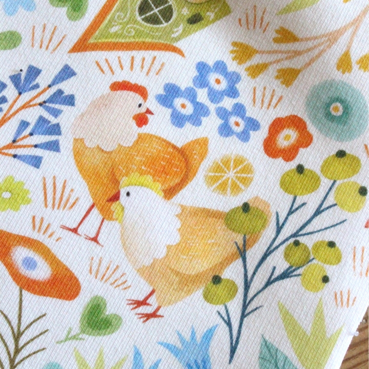 Tissu illustré "Poules printanières"