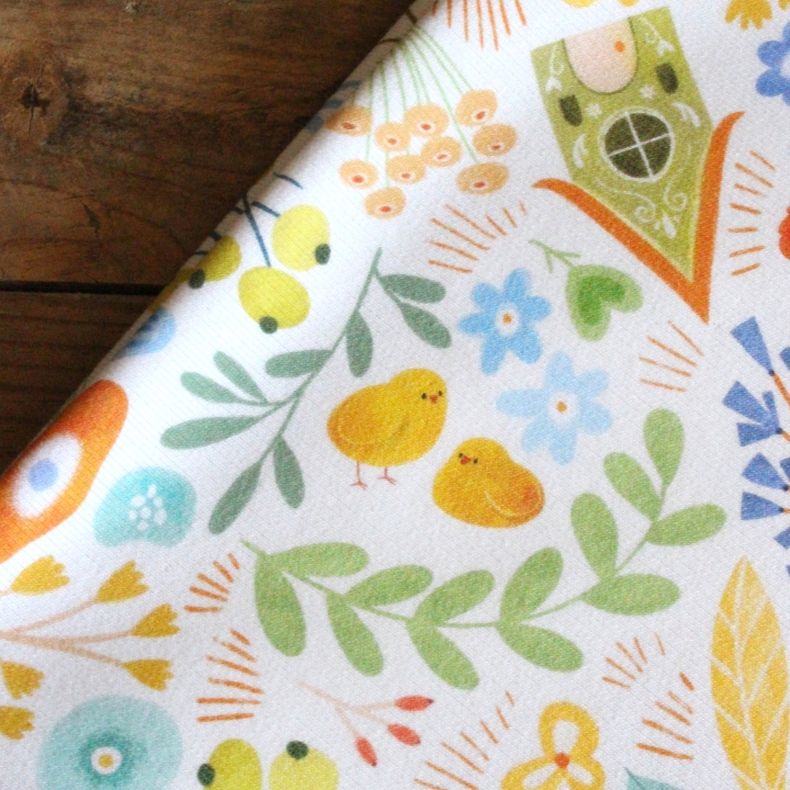 Tissu illustré "Poules printanières"