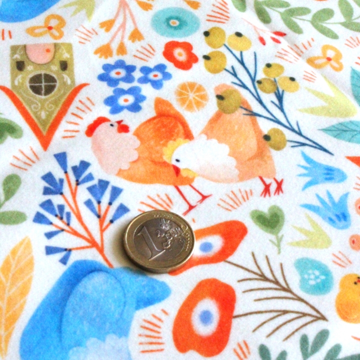 Tissu illustré "Poules printanières"