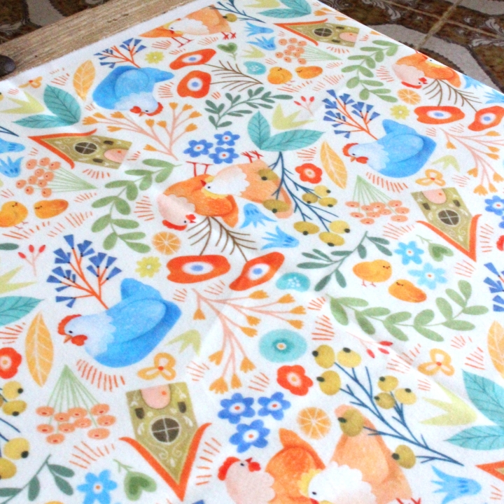 Tissu illustré "Poules printanières"