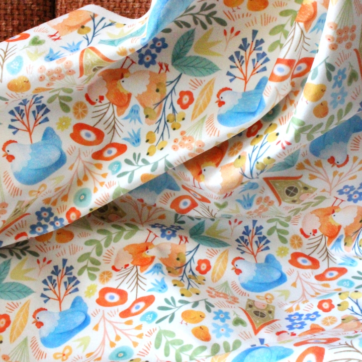Tissu illustré "Poules printanières"