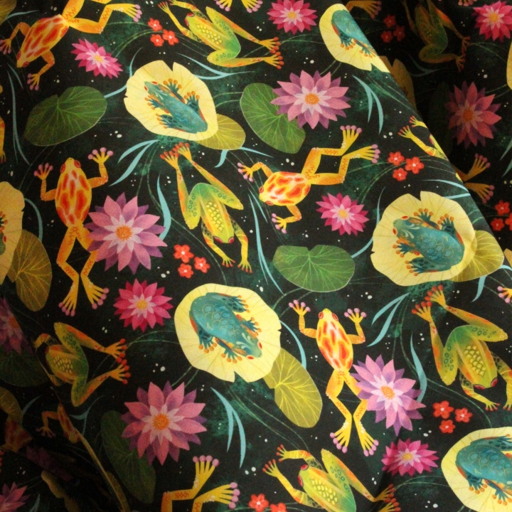 Coupon de tissu illustré "Grenouilles et nénuphars" 48x48 cm