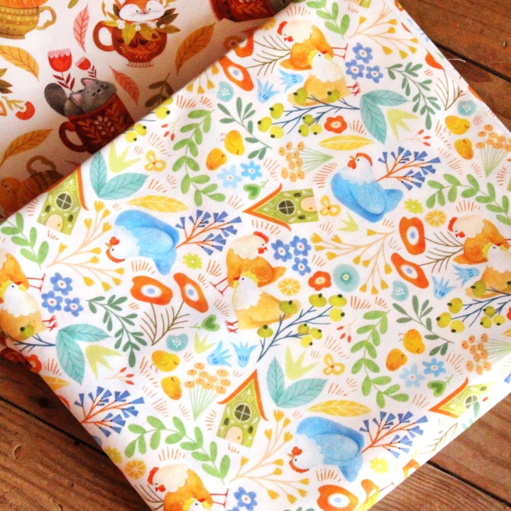 Tissu illustré "Poules printanières"